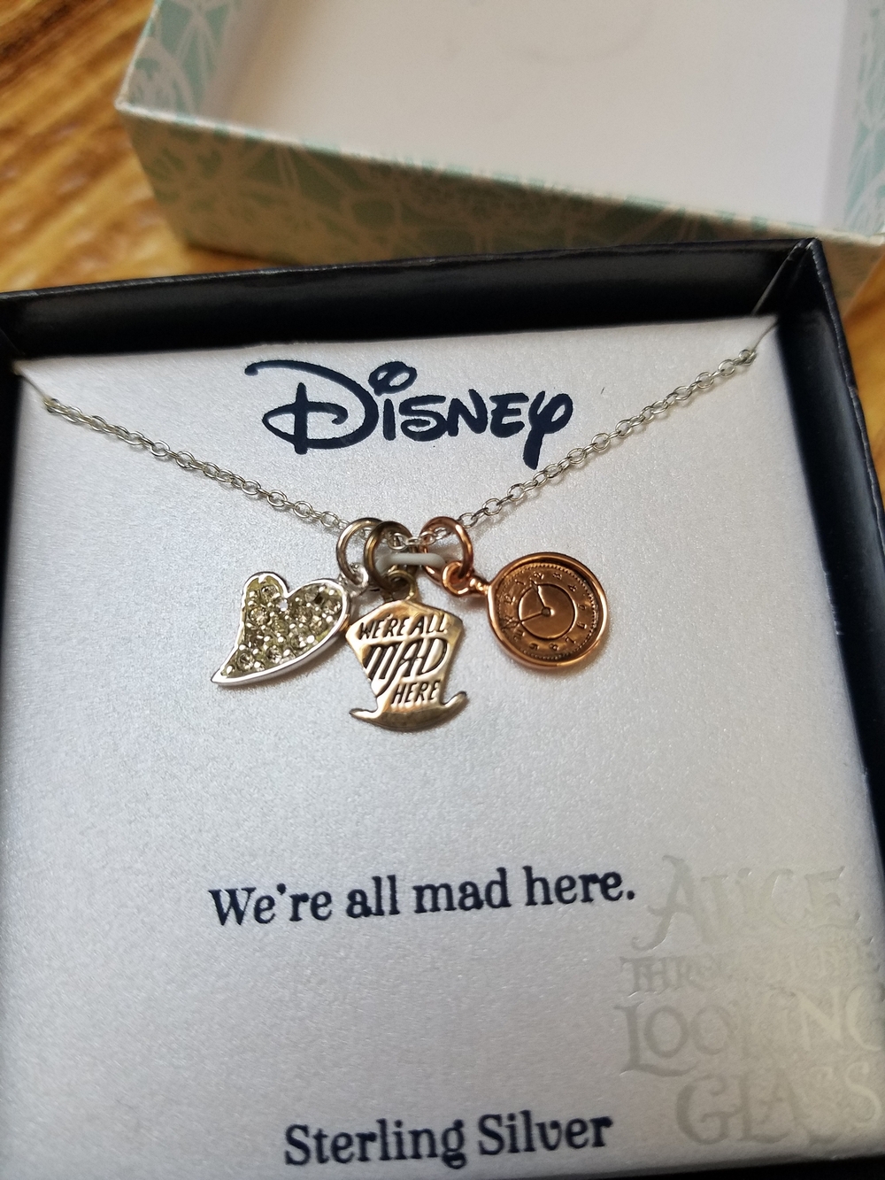 Disney Three-Tone Sterling Silver Alice in Wonderland Charm Necklace Mad Hatter